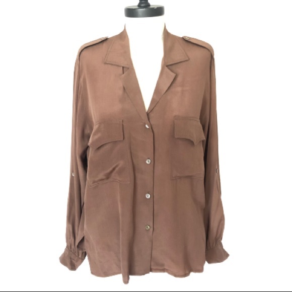 Vintage 100% Silk Button Up Safari Blouse Front Pockets Carole Little St Tropez - Picture 3 of 16